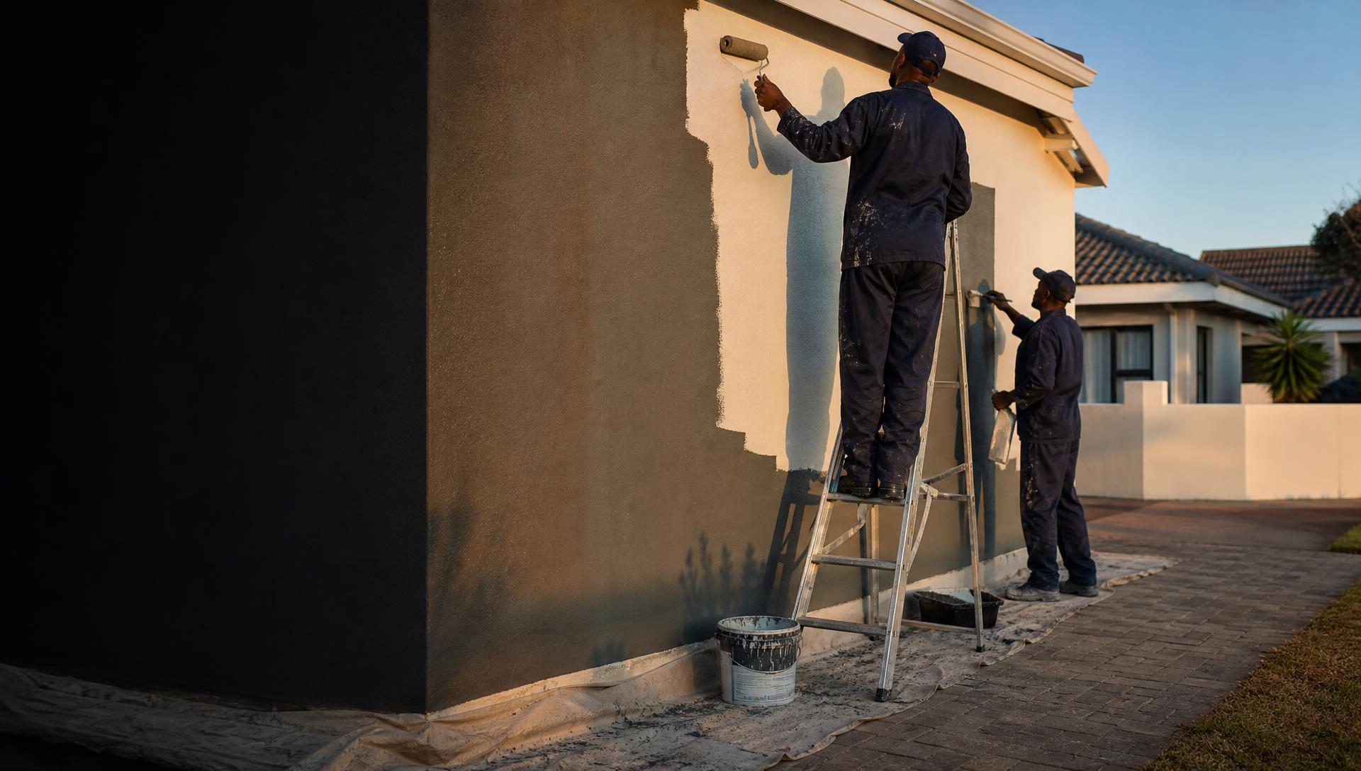 Professional painters applying fresh exterior paint to a suburban home at golden hour