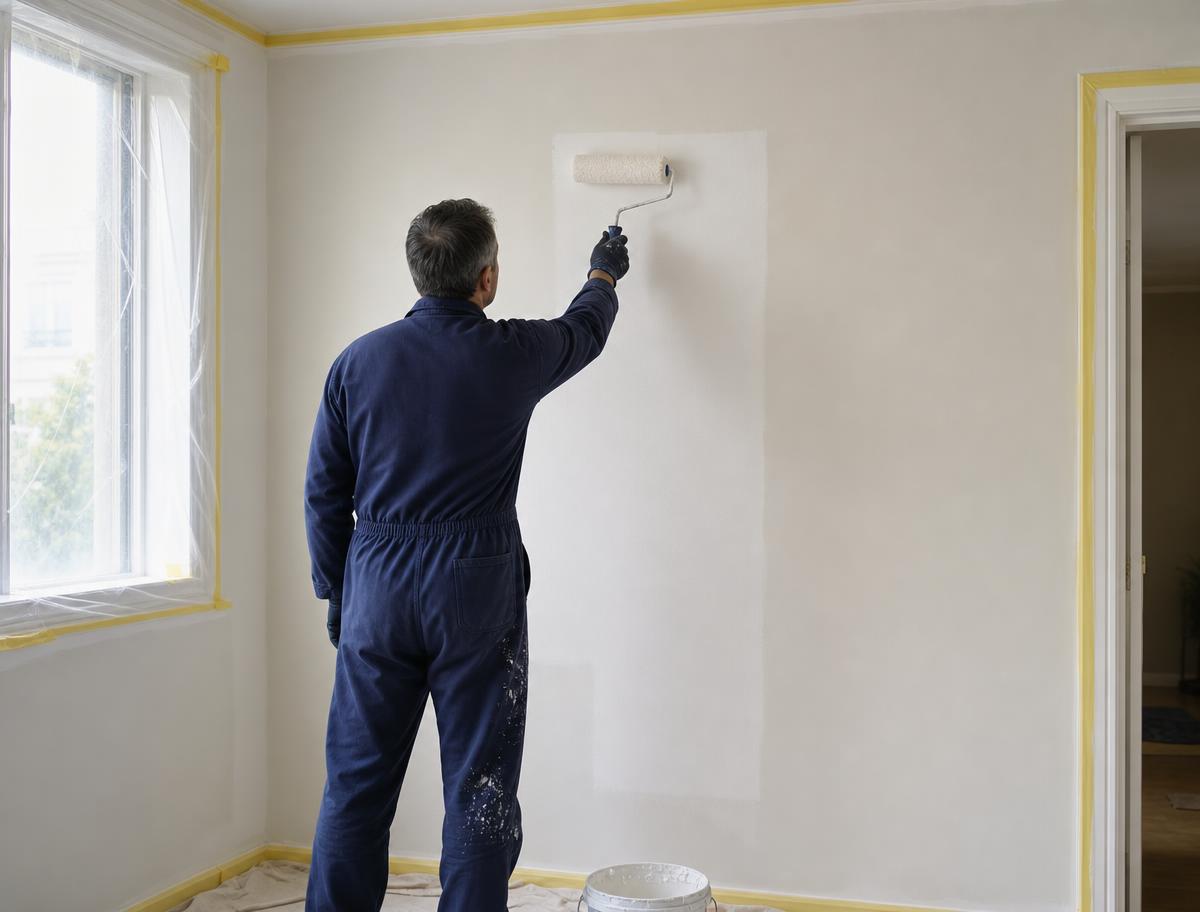 Painter rolling fresh paint onto a prepared interior wall