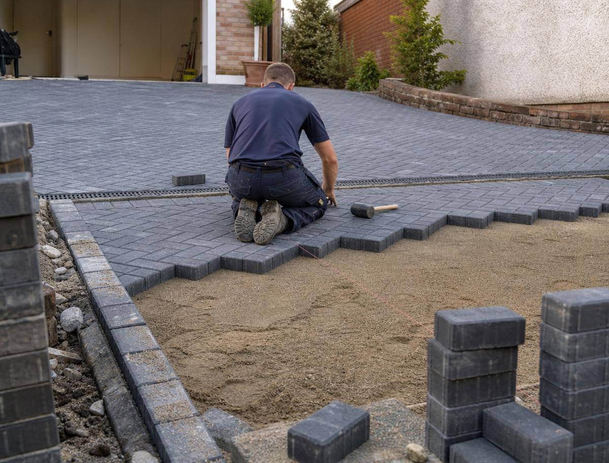 Paving contractor laying interlocking blocks on a residential driveway