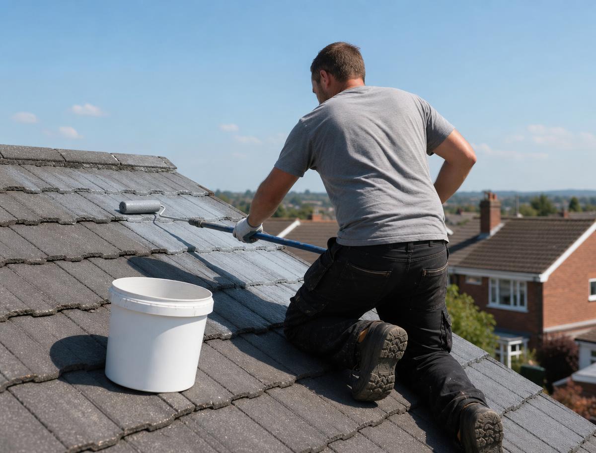 Roofer applying a waterproof sealing coating to a tiled residential roof
